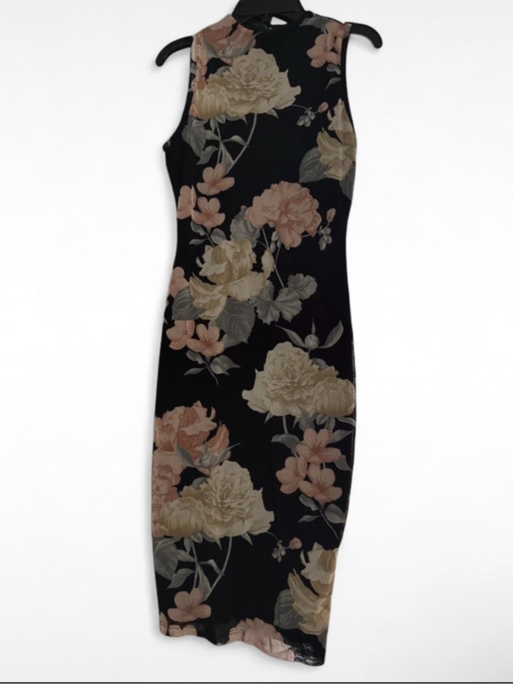 Charlotte Russe Black Midi Dress with Pink & Cream Floral Print(small flaw)